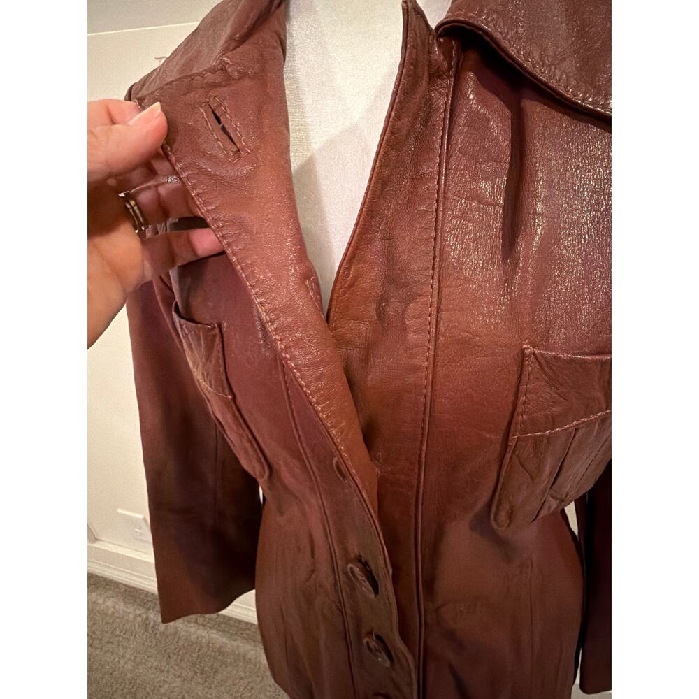 Vintage 70s Le Soleil Genuine Leather Jacket 7/8 Brown Belted Safari Coat - Picture 9 of 14